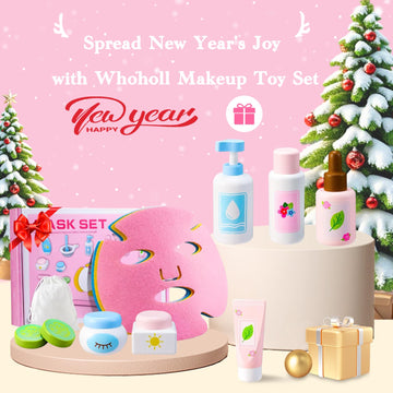 WHOHOLL Wooden Makeup Toy Set, Pretend Beauty Salon Toys Skin Care Learning Toys for Toddler, Daycare Toys Christmas Birthday Gi