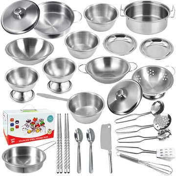 Classic Stainless Steel Kitchen Toys Cooking Utensils Set-Pretend Play Pots Pans Toy Cookware Kits for Kids Cooking Utensil Set
