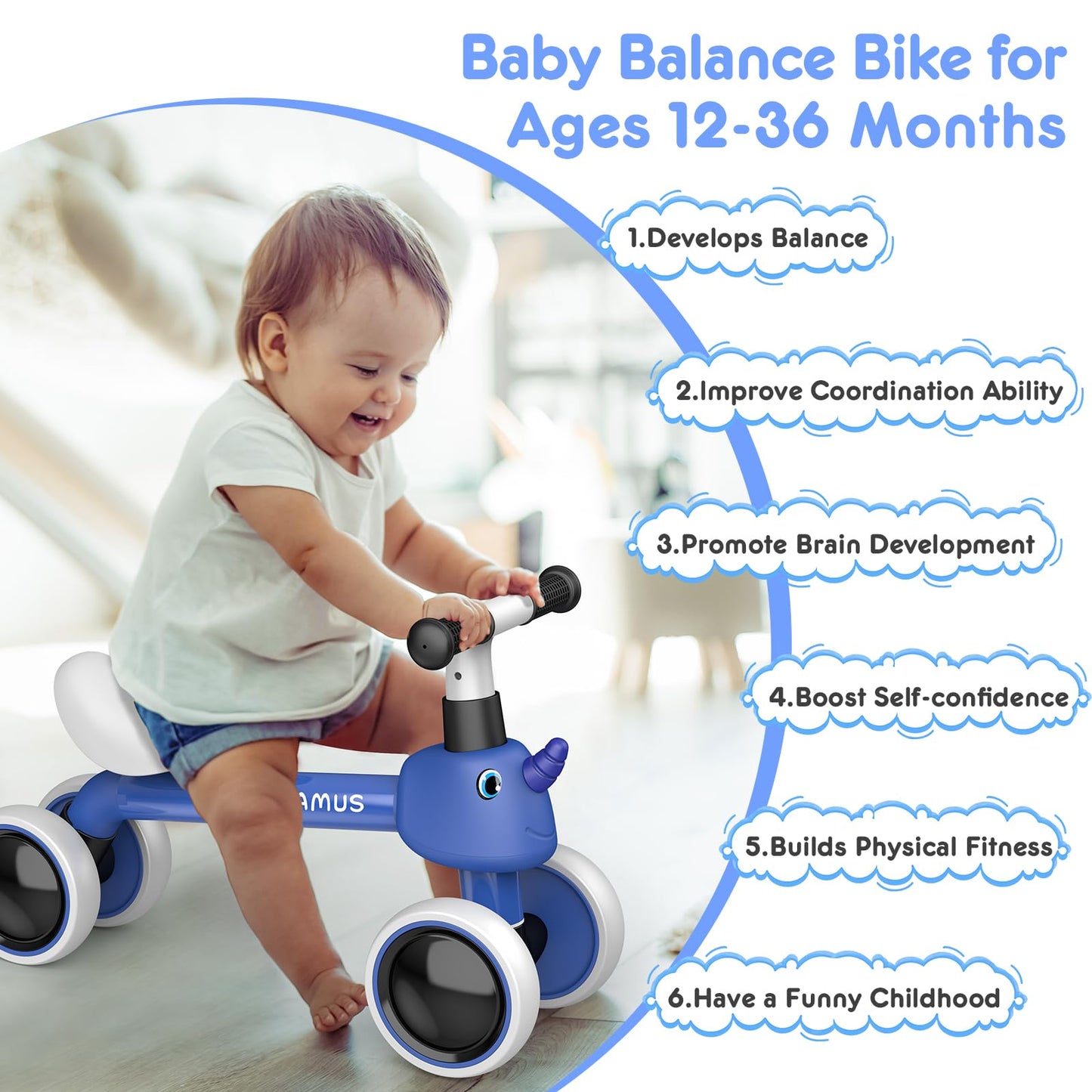TERRAMUS Baby Balance Bike for 1 Year Old Gifts Boys Girls - Toys for 12-24 Month Toddler Balance Bike, No Pedal 4 Wheels Infant