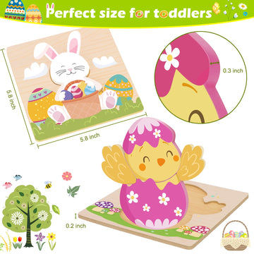 Easter Toys Gifts For Kids Toddlers - 4 Pack Wooden Puzzles With Rabbits, Carrots, Chicks, Eggs Design, Easter Party Favors For