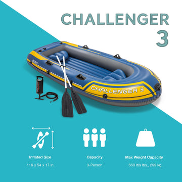 Intex 68370EP Challenger 3 Inflatable Boat Set: Includes Deluxe 48in Boat Oars and High-Output Pump - Triple Air Chambers - Weld