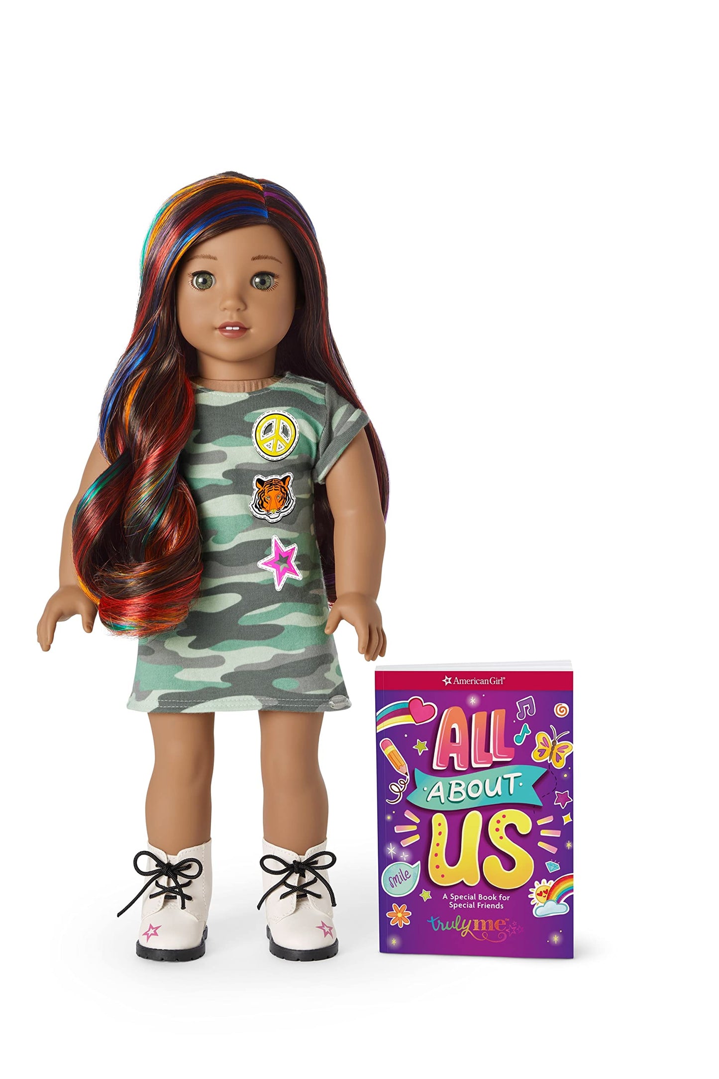 American Girl Truly Me 18-Inch Doll 120 With Hazel Eyes, Wavy Dark-Brown Hair With Bright Rainbow Highlights, Tan Skin With Neutral Undertones, Camo T-Shirt Dress