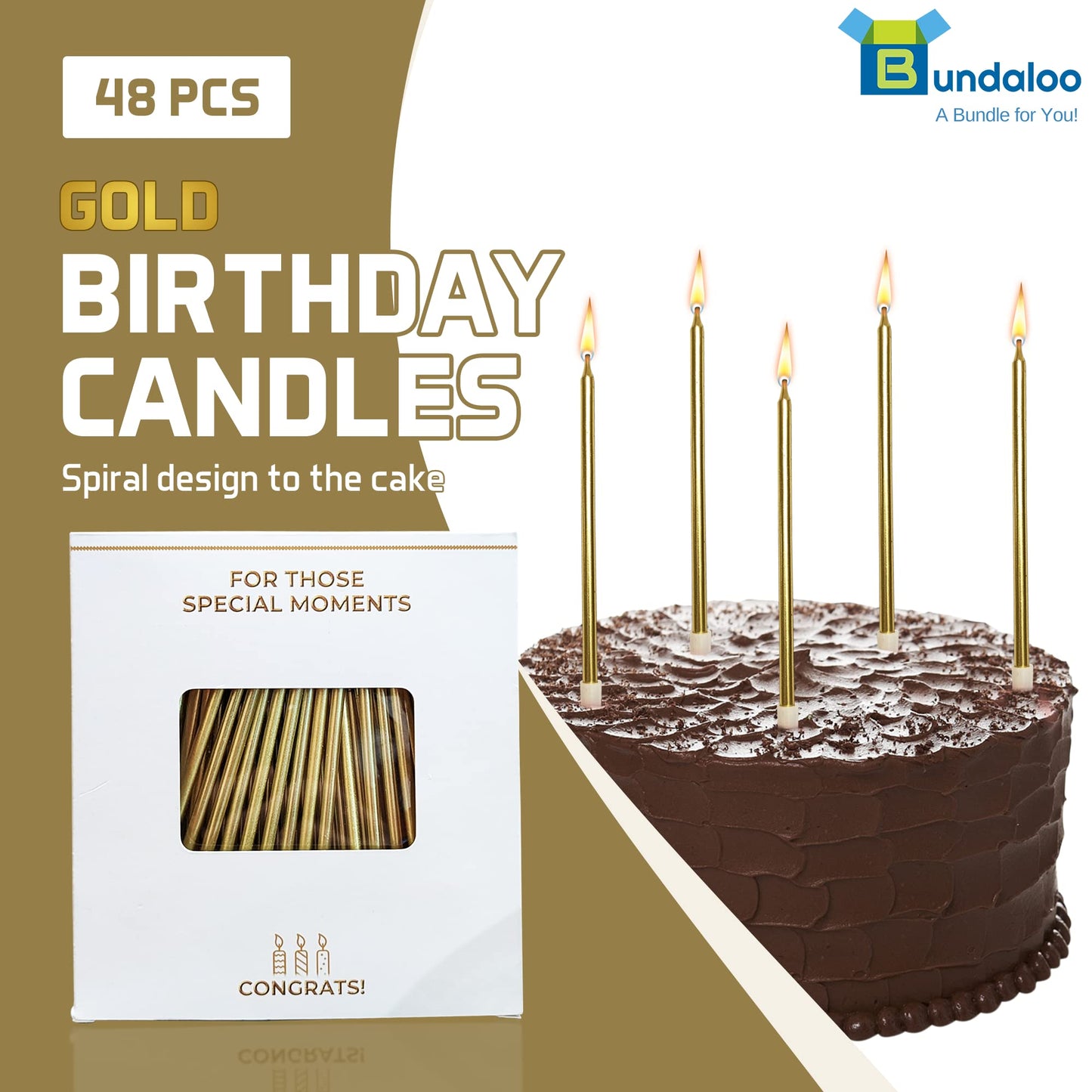 Bundaloo Gold Birthday Candles for Cake - Set of 48 Gold Candles for Birthday Cakes - with Plastic Holders, 5.5 Long, 0.20 Thick