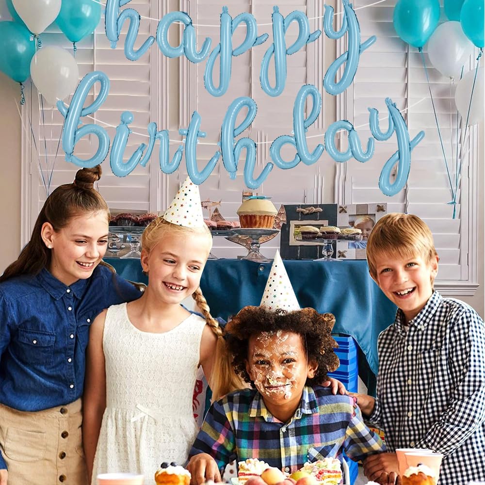 Toniful Light Blue Happy Birthday Balloons Banner,Cursive Happy Birthday Balloons Light Blue Birthday Decorations Light Blue Myl