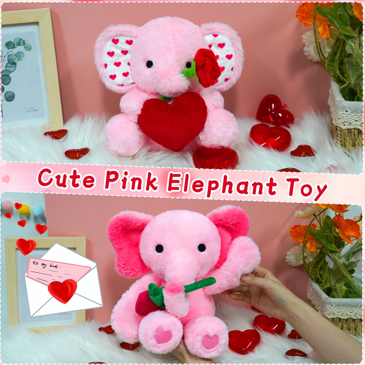 Jizwpoom Valentines Plush - Elephant Stuffed Animals For Kids, Cute Pink Heart Elephant Plush Toy For Holiday, Valentines Day Gi
