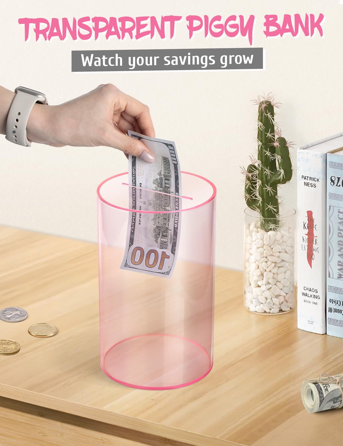 Clear Acrylic Piggy Bank For Adults Kids, Clear Money Saving Jar Must Break To Open, Unopenable Piggy Bank For Cash Coins (Pink,