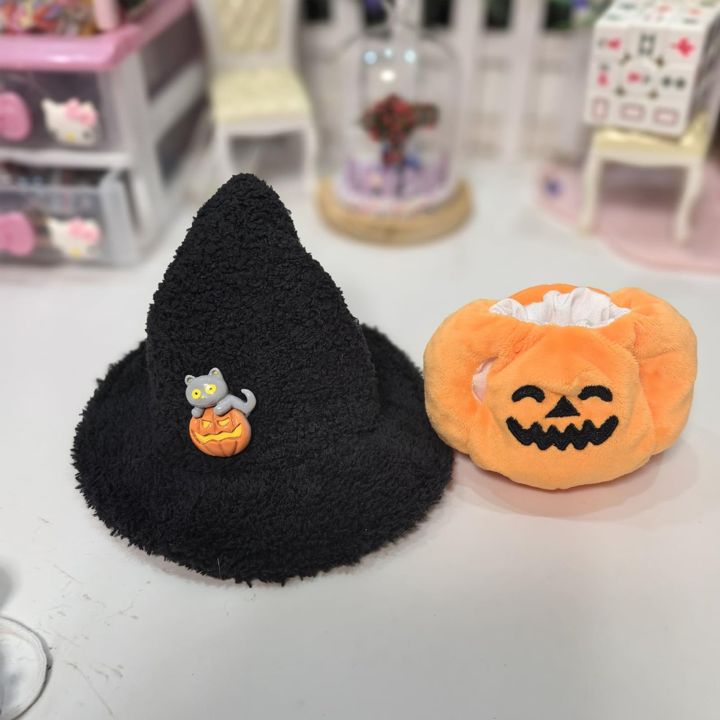 Doll Clothes for 17cm Doll enhanced Handmade Special Style 2 Piece Set Including Pumpkin Outfit and Witch Hat for Halloween Dressed High-End Dolls Accessories for Play & Display - (Black Hat)