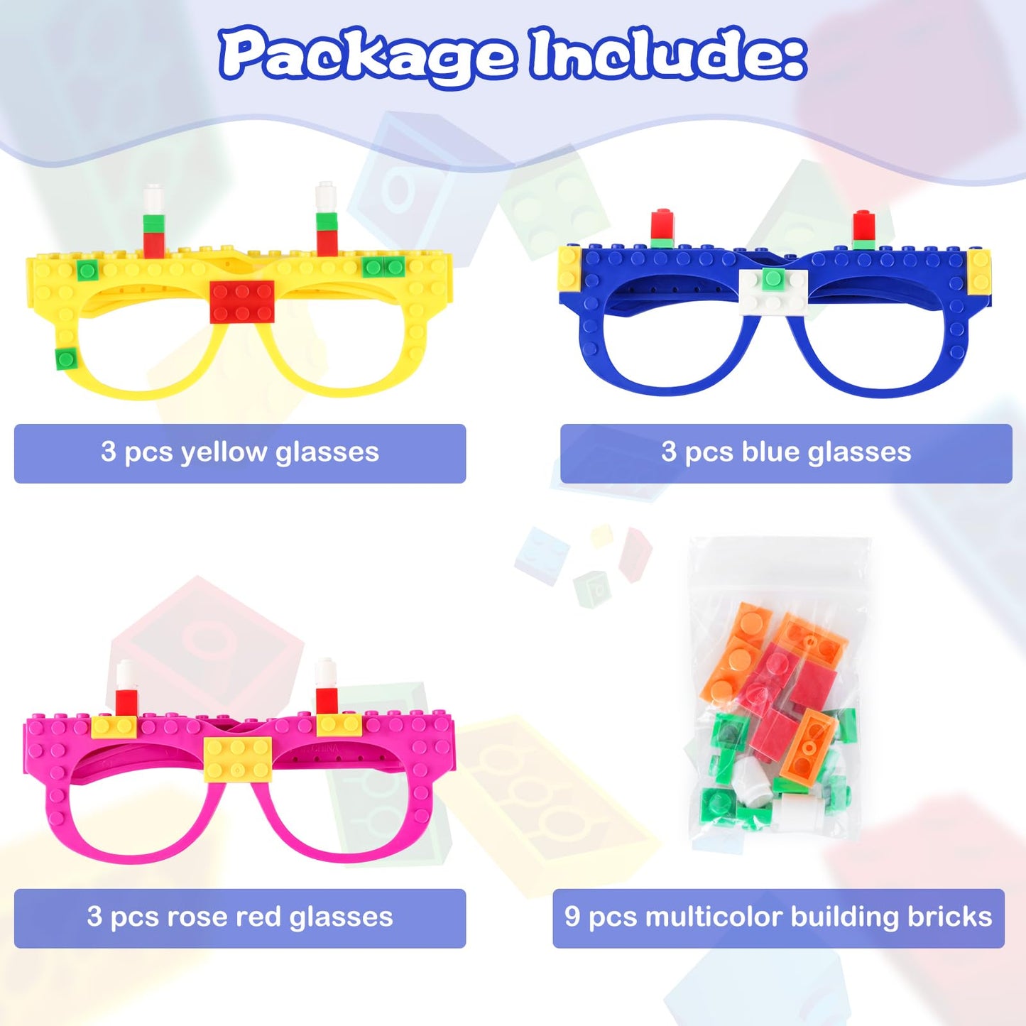 Hooqict 9 Pcs Diy Building Blocks Glasses Building Bricks Party Supplies For Kids Adults Building Block Birthday Party Favors, C