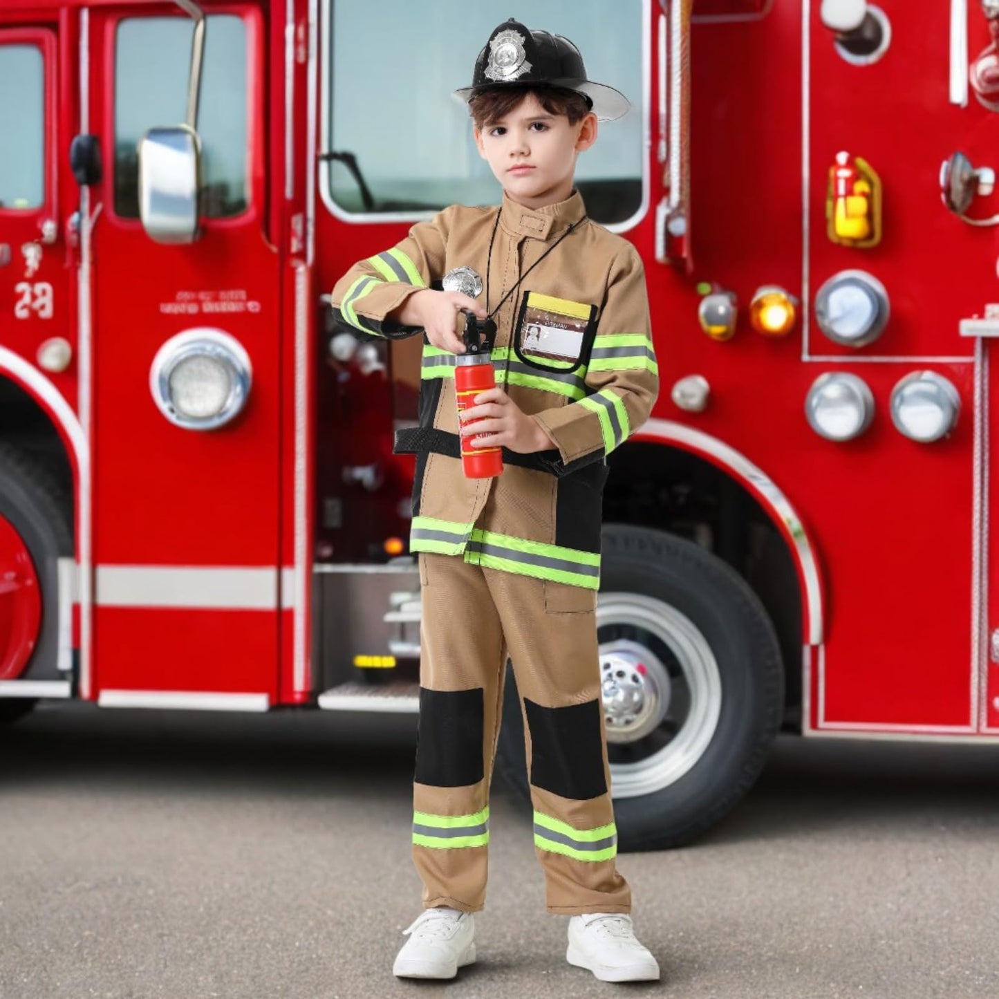Yolsun Kid'S Fireman Costume, Boy Firefighter Dress Up, Fire Fighter With Toy Accessories Halloween Role Play (11 Pcs, 10-12 Yea