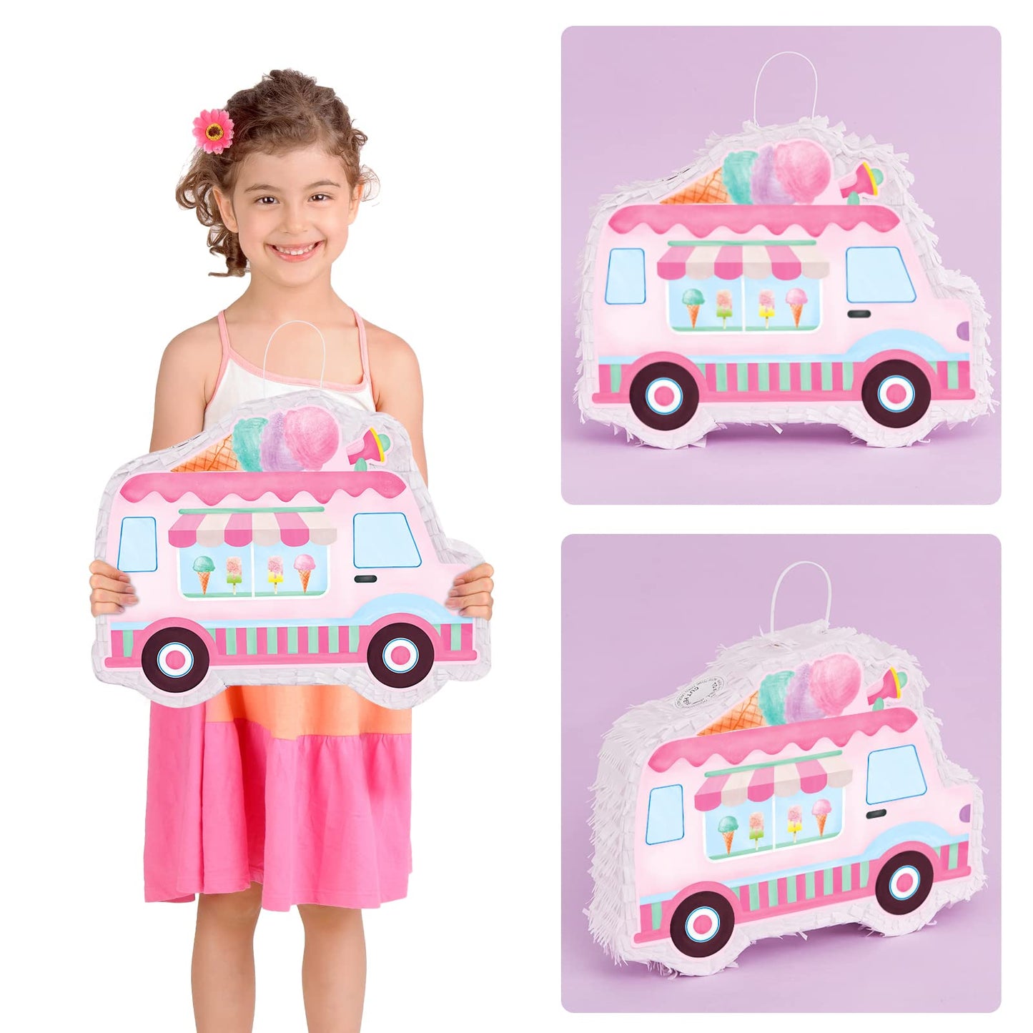 Wernnsai Ice Cream Piñata -15.7'' X 12.2'' Ice Cream Truck Piñata With Stick And Blindfold Birthday Game For Kids Girls Summer Candy Theme Party Baby Shower School Activities Dessert Party Decorations