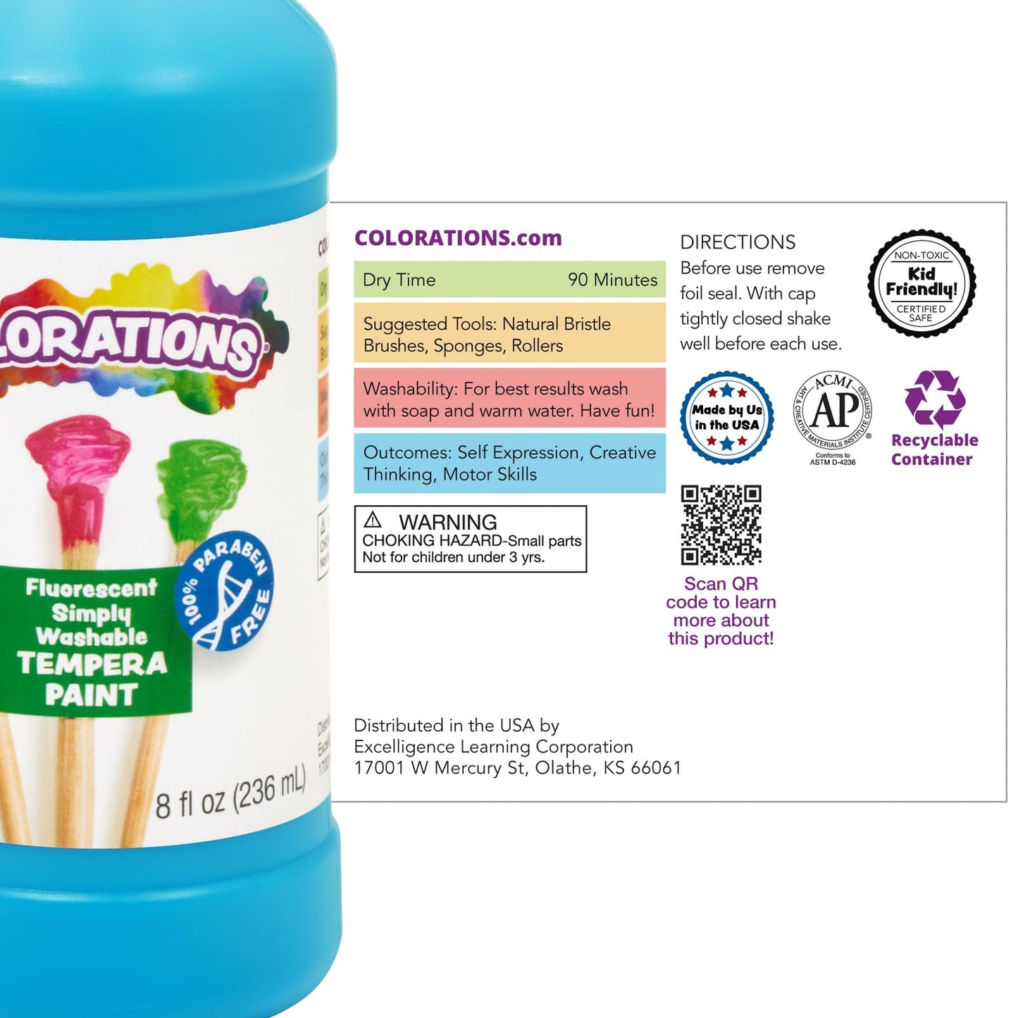 Colorations Paraben-Free Fluorescent Simply Washable Tempera Paint- Set Of 6, 8 Oz. Each