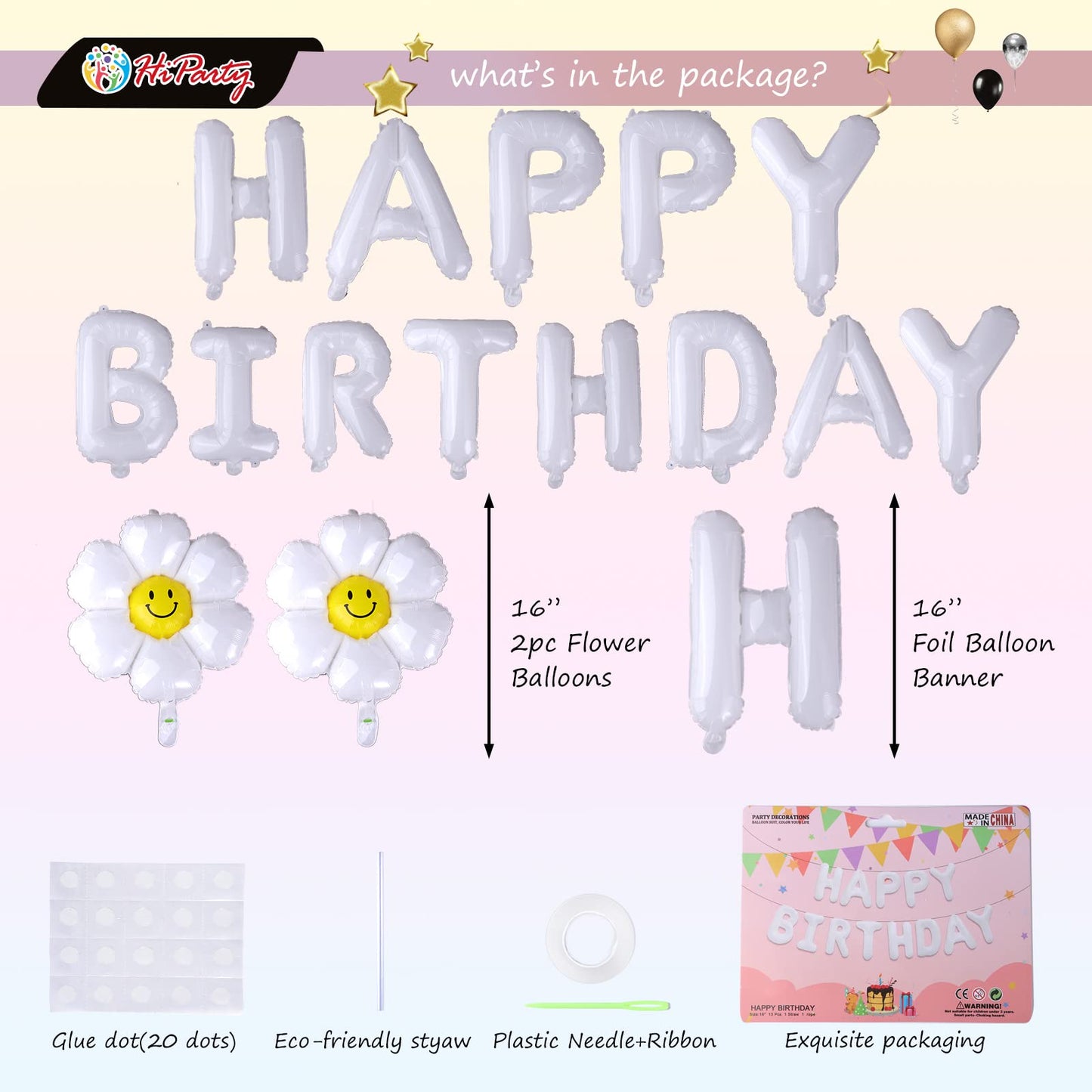 White Happy Birthday Balloons Banner, 3D Mylar Foil Letter Birthday Balloons With 2Pcs Daisy Balloons, Birthday Party Decoration