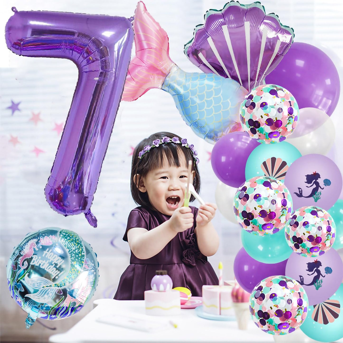 Bearfun 40In Purple Number 7 Balloon, Giant Large 7Th Birthday Decoration, Mermaid Balloons, Children'S Party Supplies