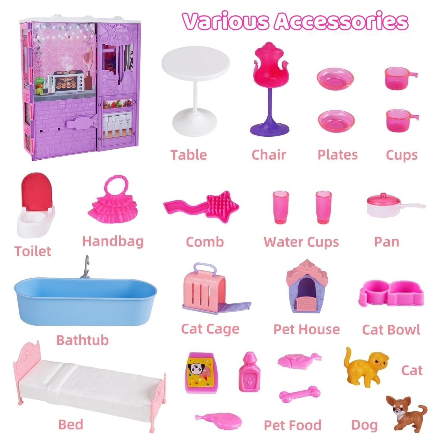 Doll House Playset For Girls, Portable Dollhouse Toy With Furniture & Accessories Including Kitchen, Bedroom, Bathroom, Pet Hous