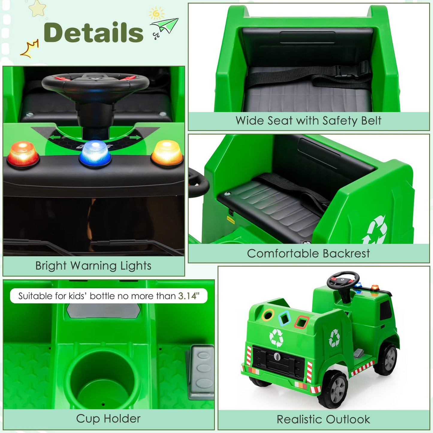 Costzon Ride On Car, 12V Battery Powered Recycling Garbage Truck W/Remote Control, Warning Lights, Music, Horn, 6 Recycling Accessories, Ride On Truck Toy For Kids 3-8 Years Old (Green)