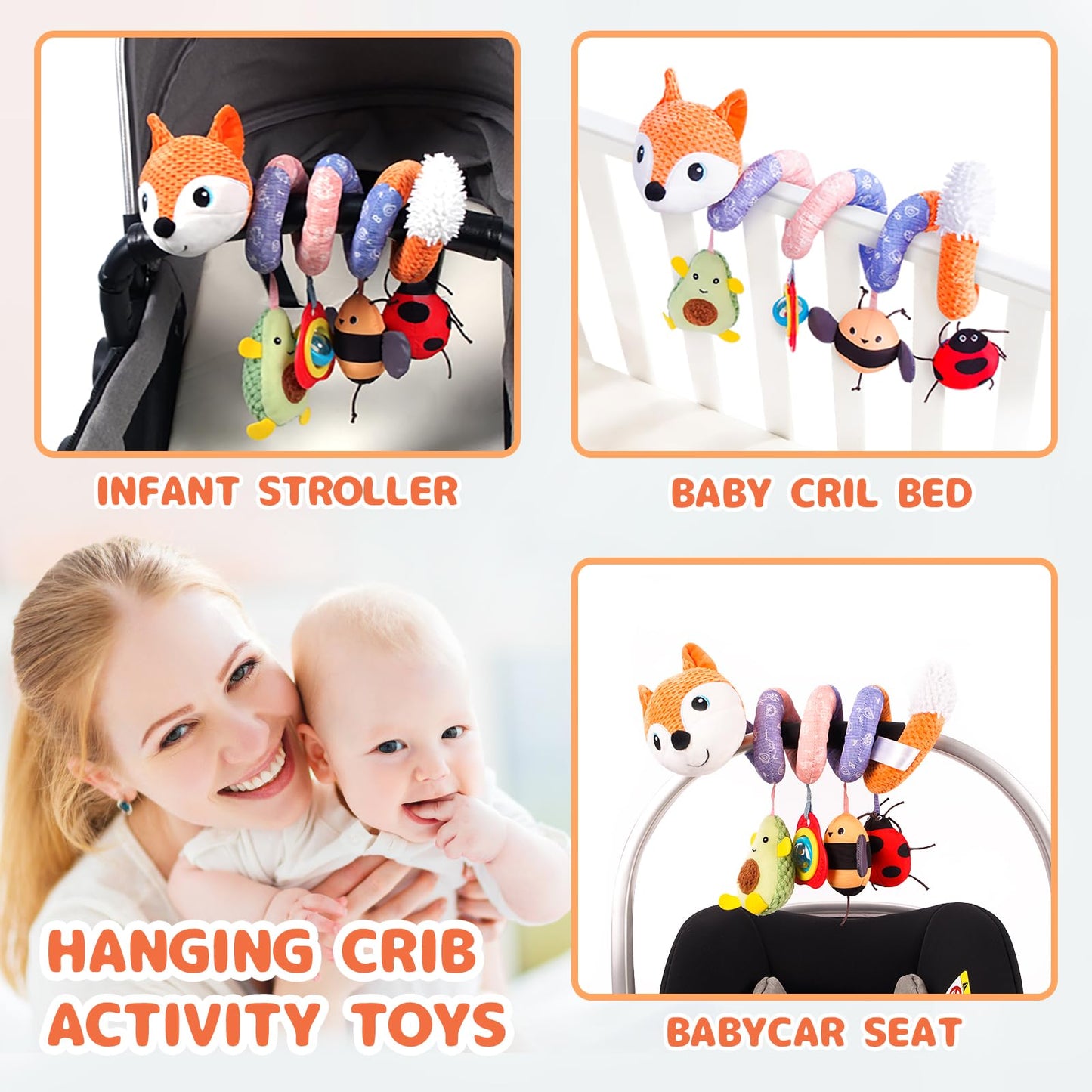 Koty Car Seat Toys, Infant Baby Spiral Plush Activity Hanging Toy For Stroller Bar Pram Crib With Music Box Bb Squeaker & Rattles(Orange Fox)