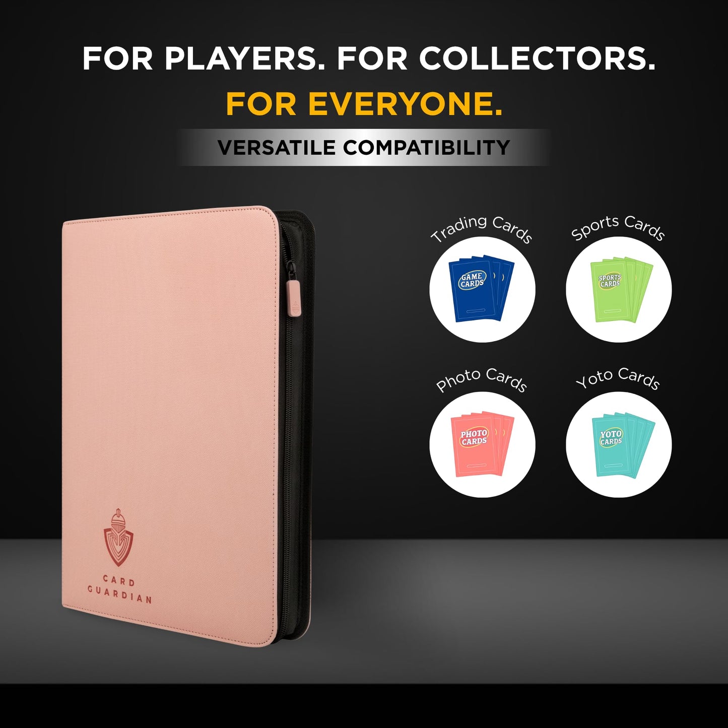 Card Guardian - 9 Pocket enhanced Binder with Zipper for 360 Cards Trading Card Games TCG (Pink) - Side Loaded Pockets - Compatible with Yugioh Cards MTG Binder Sports Card Binder