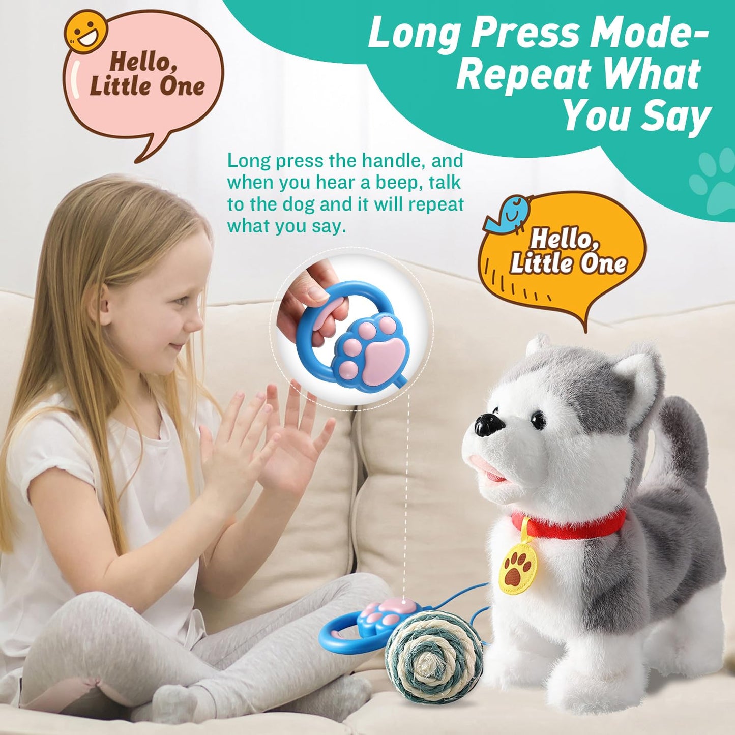Walking Barking Singing Husky Puppy Toy, Repeats What You Say, Realistic Licking Tongue Wagging Tail Mechanical Dog With Electronic Touch Or Handle Control, Interactive Musical Plush Pet For Kids