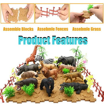 BOLZRA Safari Animals Figurines Playset, 65PCS Realistic Plastic Jungle Zoo Toys for Kids, Multi-color, Ages 3-8