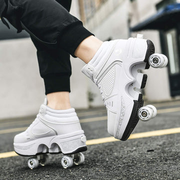 Double-Row Deform Wheel Automatic Walking Shoes Invisible Deformation Roller Skate 2 in 1 Removable Pulley Skates Skating Parkour (White high US8.5)