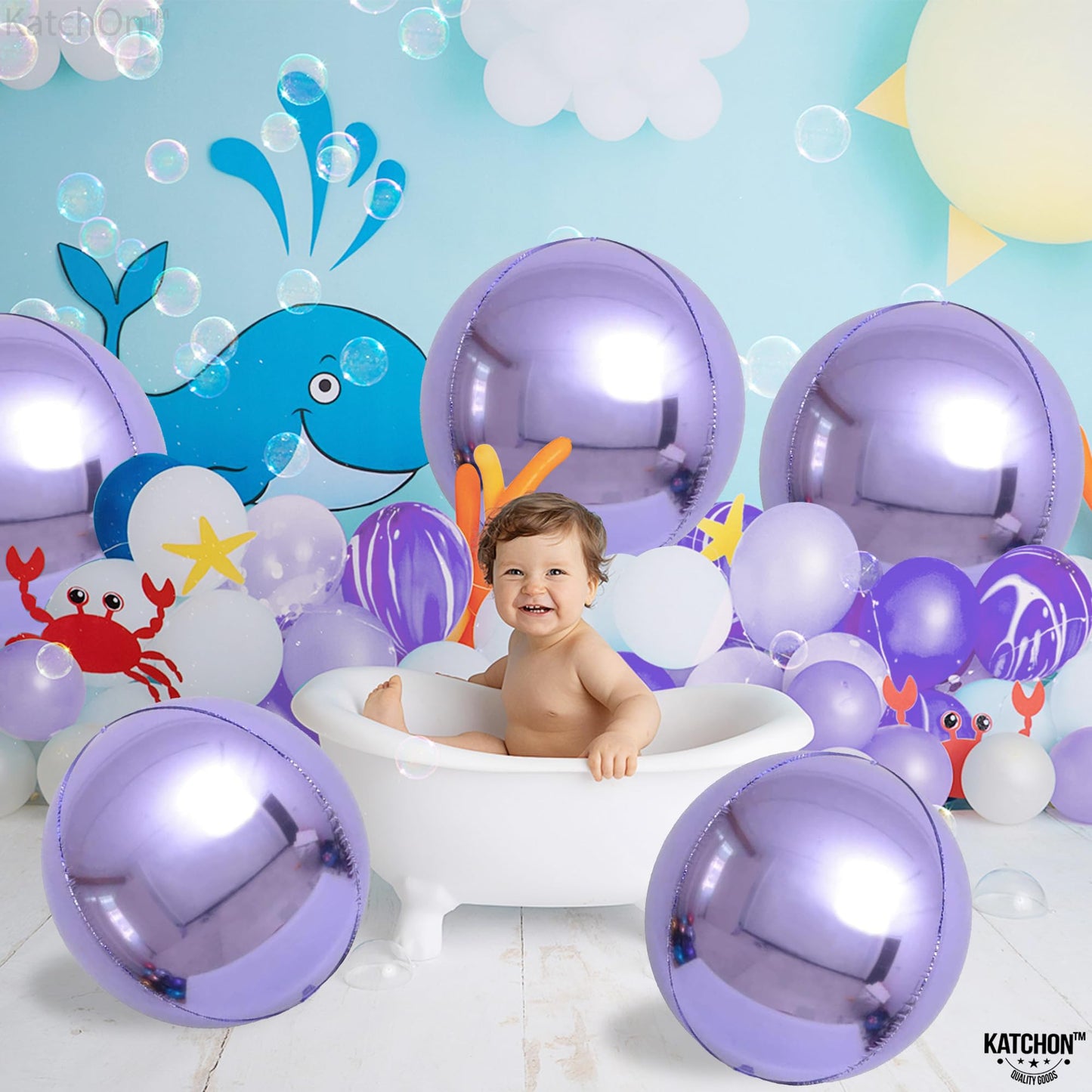 Katchon, Big Purple Mylar Balloons - 22 Inch, Pack Of 6 | 4D Round Balloons, Light Purple Foil Balloons | Purple Metallic Lavender Balloons For Lavender Party Decorations | Metallic Purple Balloons