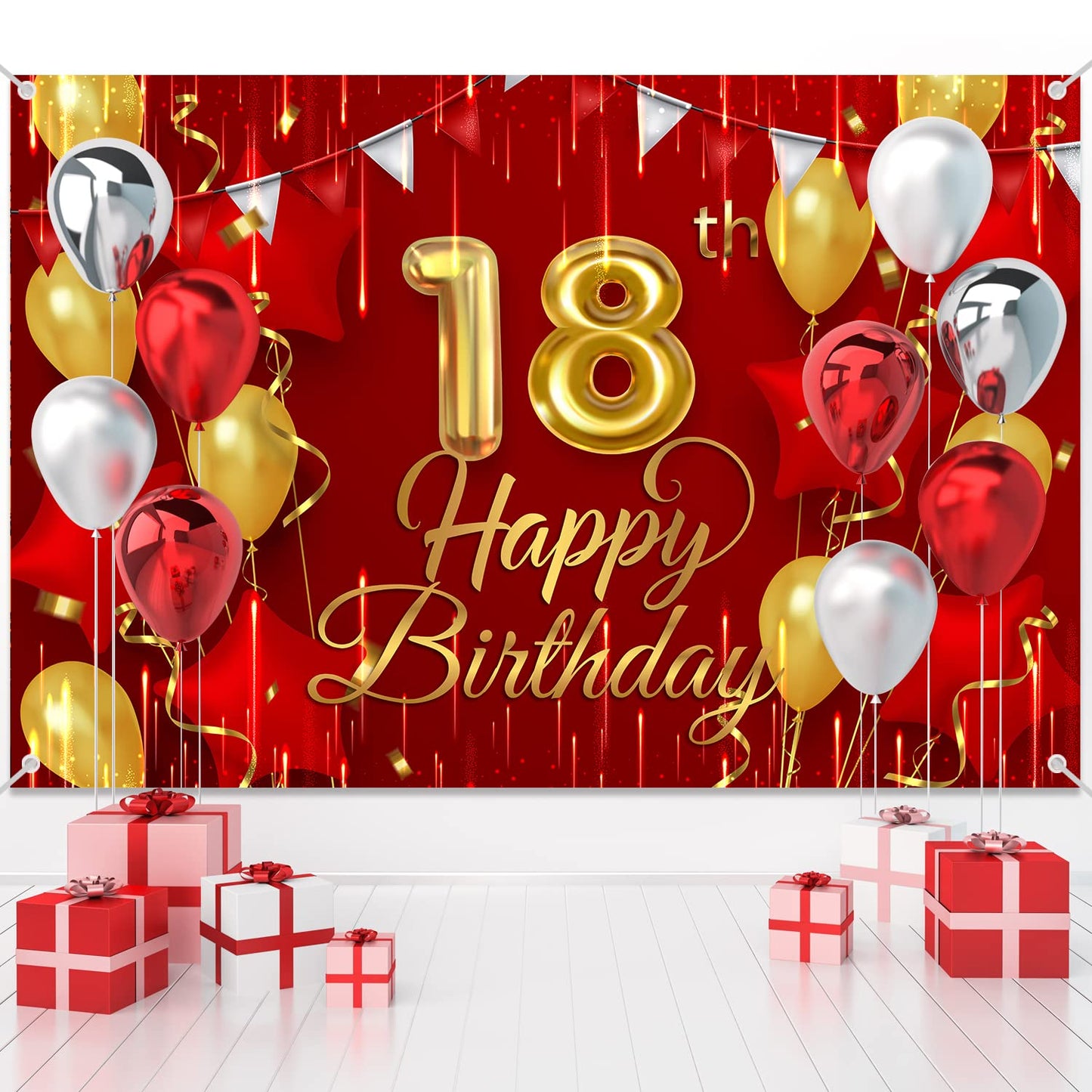 18Th Birthday Backdrop Banner Decorations Red And Gold For Boys Girls Happy 18 Years Old Bday Background Photography Party Decor Sign Supplies