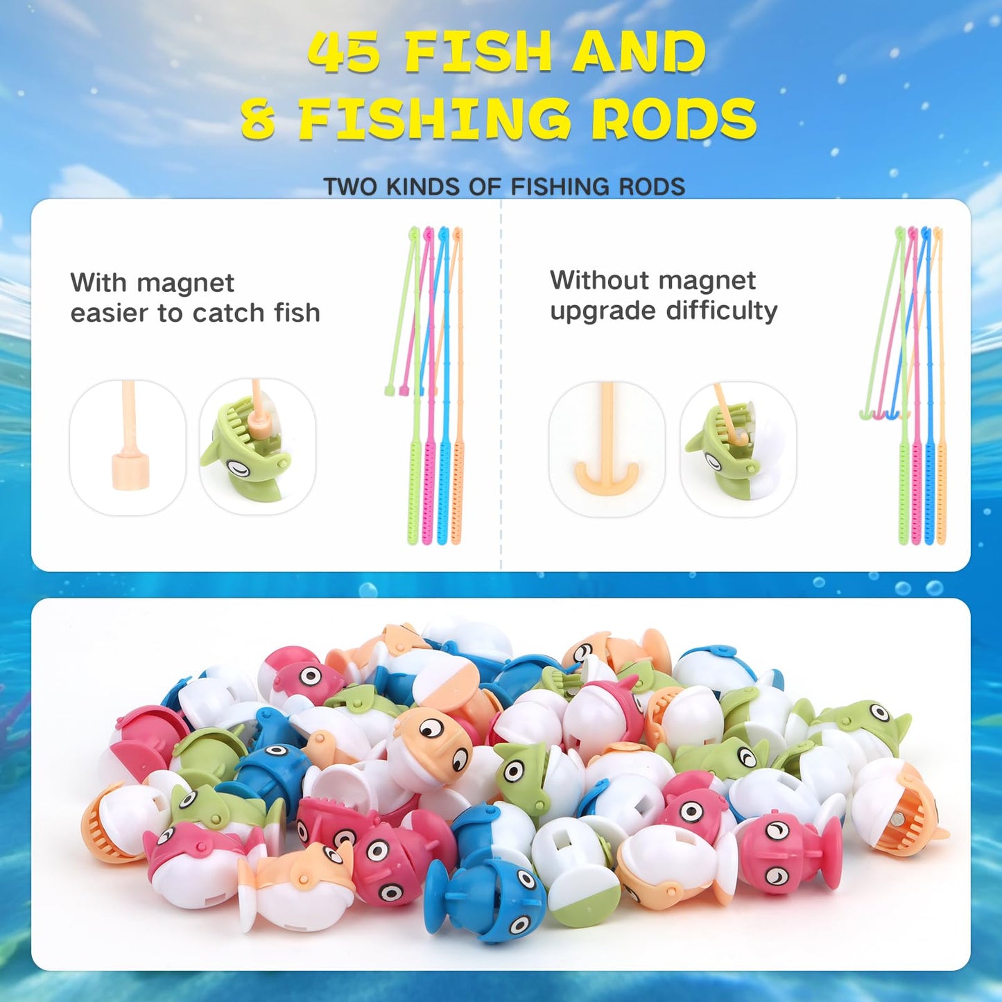 QuadPro Magnetic Fishing Games Set - Educational Toddler & Kids Fishing Toys | 45 Fish 8 Poles Rotating Board with Music & LED | Ideal Go Fish Toy for Fun!