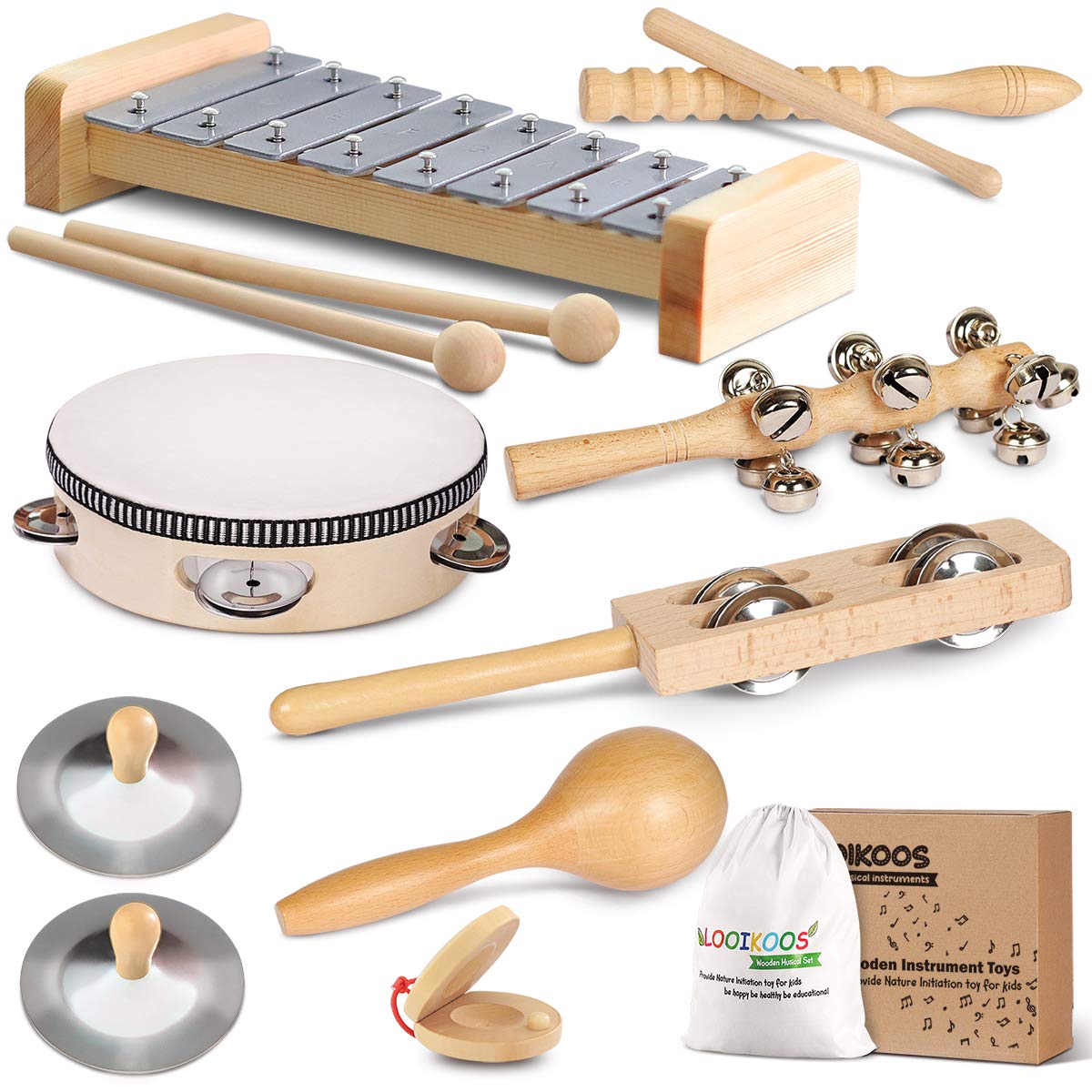Looikoos Toddler Musical Instruments, Eco Friendly Music Set For Kids Preschool Educational, Natural Wooden Percussion Instruments Musical Toys For Boys And Girls With Storage Bag