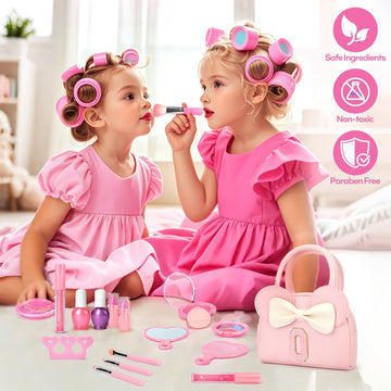 Kids Real Makeup Kit for Girls - 18Pcs Non-Toxic Washable Make Up Toys with Initial Toddler Purse - Personalized Birthday Gifts