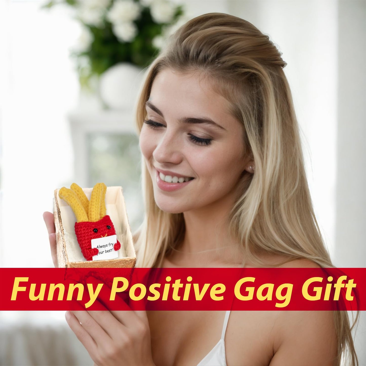 Funny Positive French Fries Cute Crochet Toy With Positive Card Cheer Up Funny Gag Gifts For Best Friend Birthday Housewarming Women Teacher Fall (French Fries)