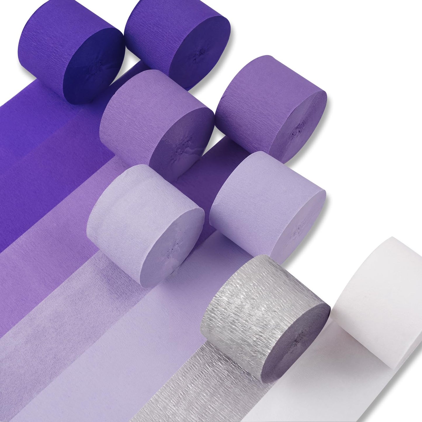 PartyWoo Purple Crepe Paper Streamers 8pcs 656ft Pack of Light Dark Purple Lavender White Silver Crepe Paper Streamers for Birth