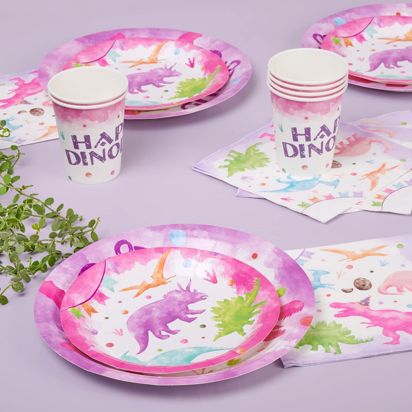 Wernnsai Watercolor Dinosaur Party Tableware Set - 64 Pcs Dinosaur Birthday Party Supplies For Girls Kids Disposable Party Pack Includes Dinner Dessert Cake Plates Napkins Paper Cups Serves 16 Guests