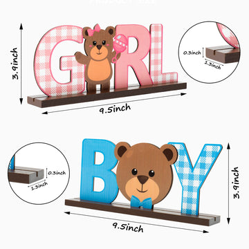 C1krint Teddy Bear Wooden Decorative Signage, Boy Girl Gender Reveal Decor, 2Pcs Blue/Pink Table Centerpieces for He/She Baby Sh