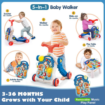 Terramus 5 In 1 Baby Walker Sit-To-Stand Toys, Learning Walker For Boys Girls Toddler, Multifunctional Educational Activity Cent