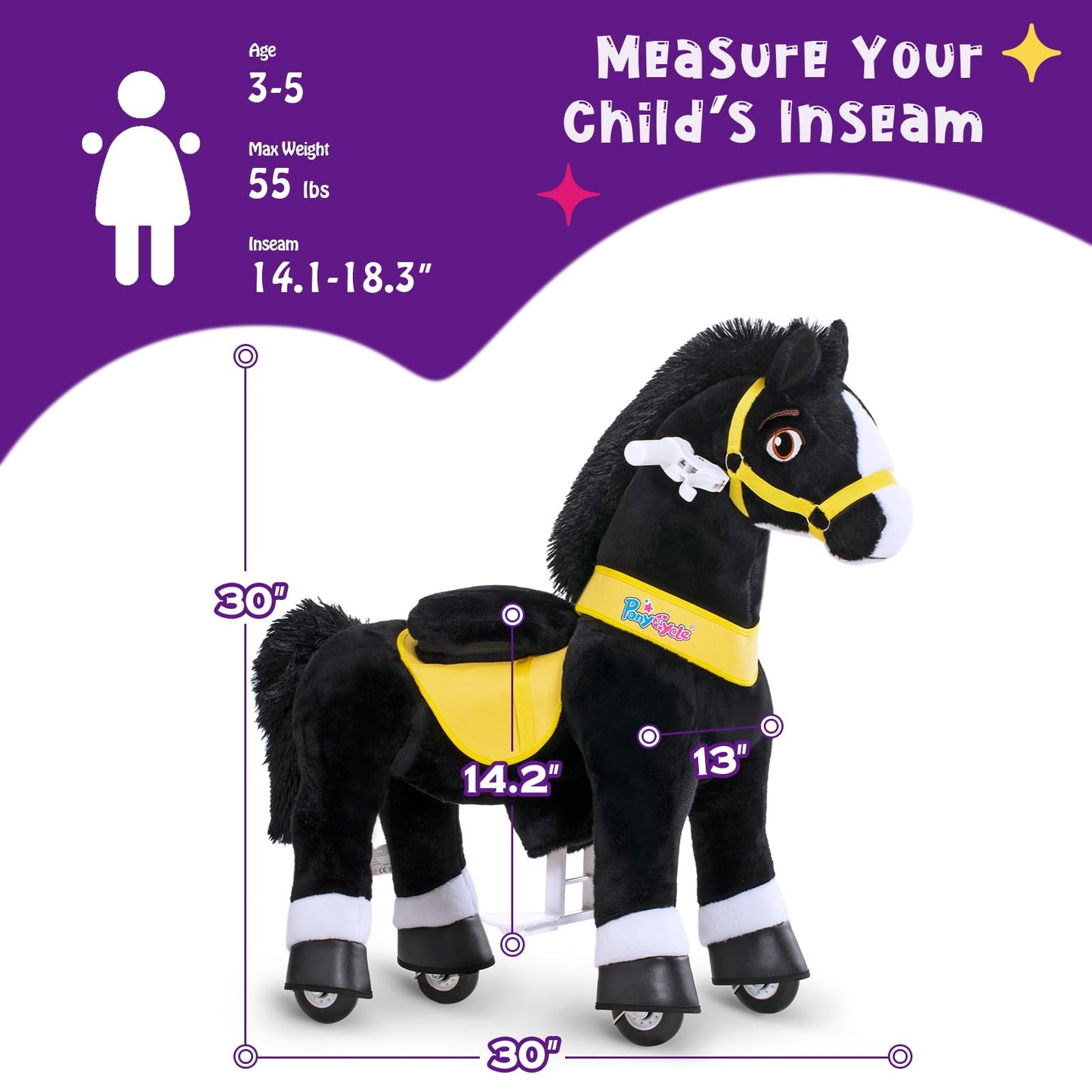Ponycycle Ride On Toys Riding Black Horse Toys Essential Model E (With Brake/ 30' Height/Size 3) Pony Rider Walking Animals Rocking Horse Riding Toys No Battery Electricity E338