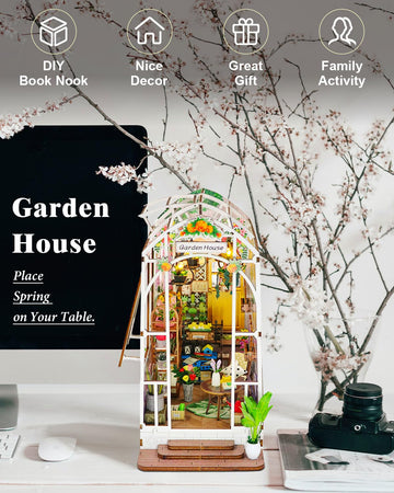 Ourmiao Book Nook Kit Garden House, Diy Miniature Book Nook Kits For Adults With Led Light, 3D Puzzle Bookshelf Decor Gift For T