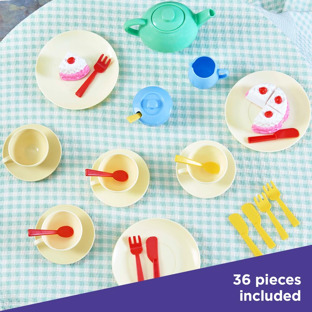 Casdon 36-Piece Tea Set - Colorful Toy Playset with Teapot, Milk Jug, Cups & Saucers, Cake, & More - Suitable for Preschool Toys