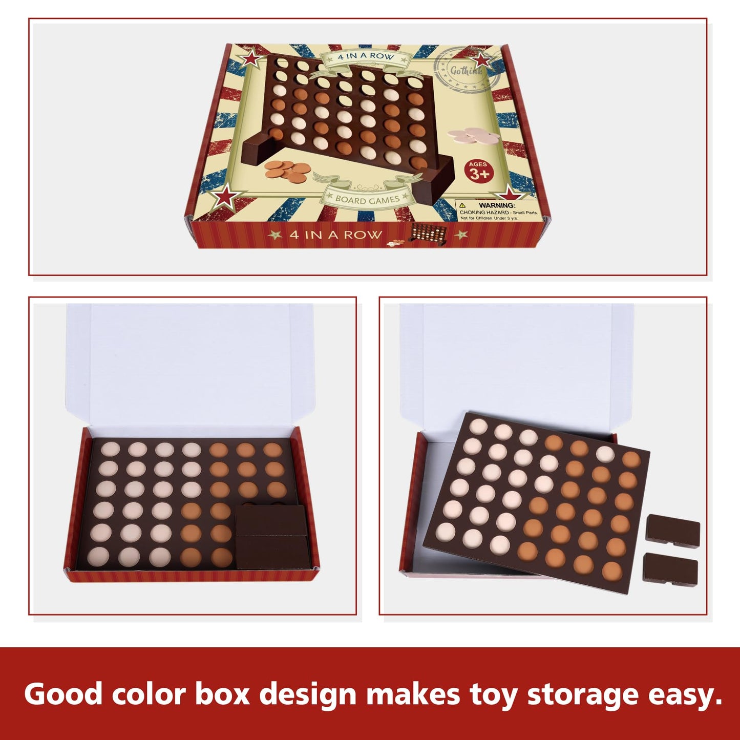 GOTHINK Wooden 4 in a Row Game - Classic Strategy Game for Kids & Adults, Brown, Model ET2247, Perfect for Picnics & Travel