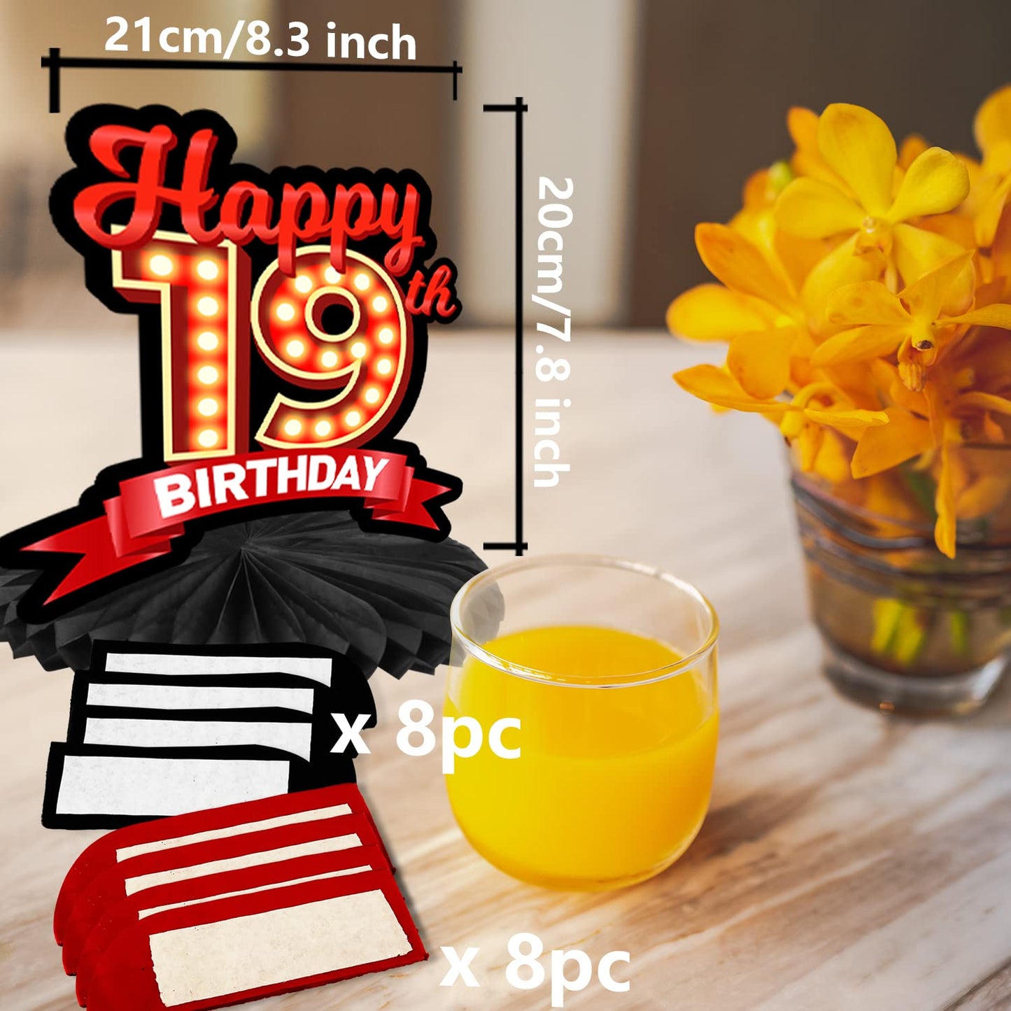 Happy 19Th Birthday Red And Black Table Honeycomb Centerpieces Balloons Theme Decor Table Decorations Table Toppers For Girls Women Princess 19 Years Old Birthday Party Bday Supplies Background Gold