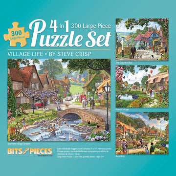 Bits And Pieces – 4-In-1 Multi-Pack 300 Piece Jigsaw Puzzles For Adults – Village Life By Artist Steve Crisp, Completed Puzzle Size: 16' X 20'
