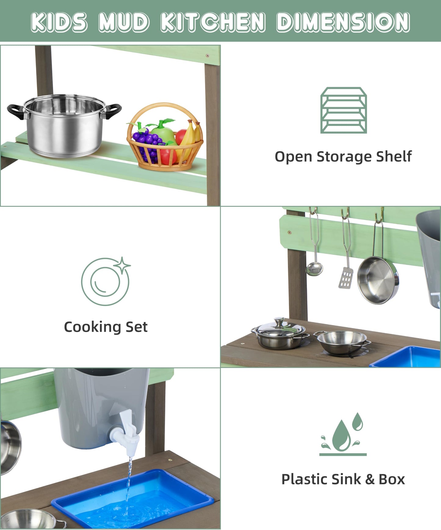 Wooden Kids Play Kitchen, Outdoor Mud Kitchen Playset with Water Play Set and Cooking Toys, Gift for 3+ Years Kid