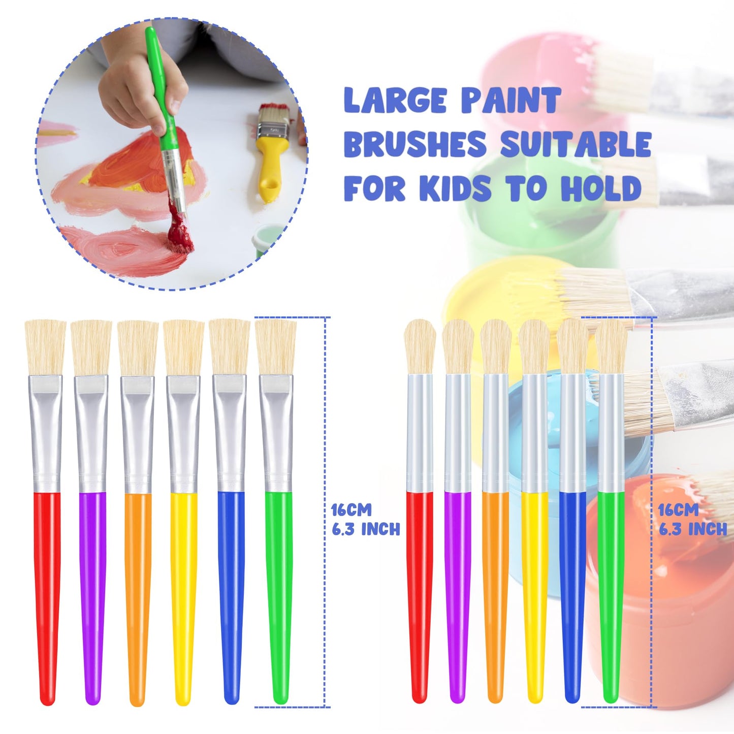 Joyooss Paint Brushes For Kids, 12 Pcs Round/Flat Large Kids Paint Brushes, Easy To Clean & Grip Washable No Shed Hog Bristle To