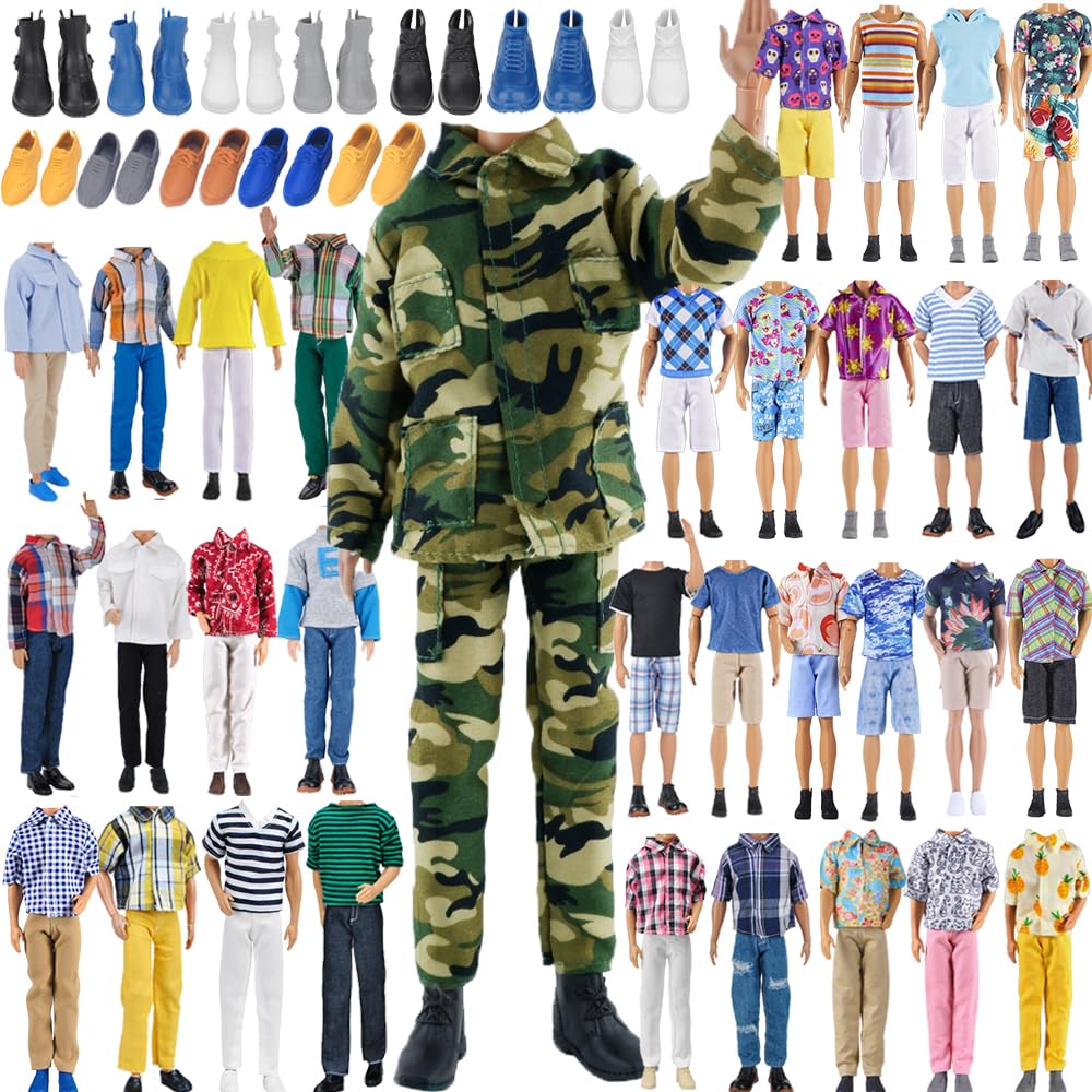 E-Ting 10-Item Fantastic Pack = 5 Sets Fashion Casual Wear Clothes Outfit With 5 Pair Shoes For 12 Inch Boy Doll Random Style (Casual Wear Clothes + Military Uniform)