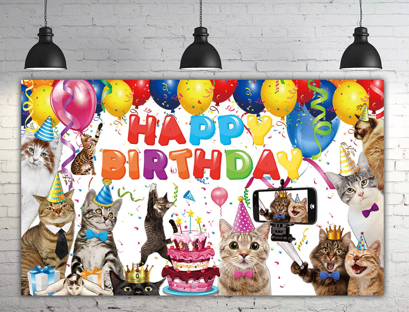 6 X 3.6Ft Cat Happy Birthday Backdrop Cat Birthday Sign Banner Kitties Birthday Party Supplies Decoration Pet Cat Paw Theme Birt
