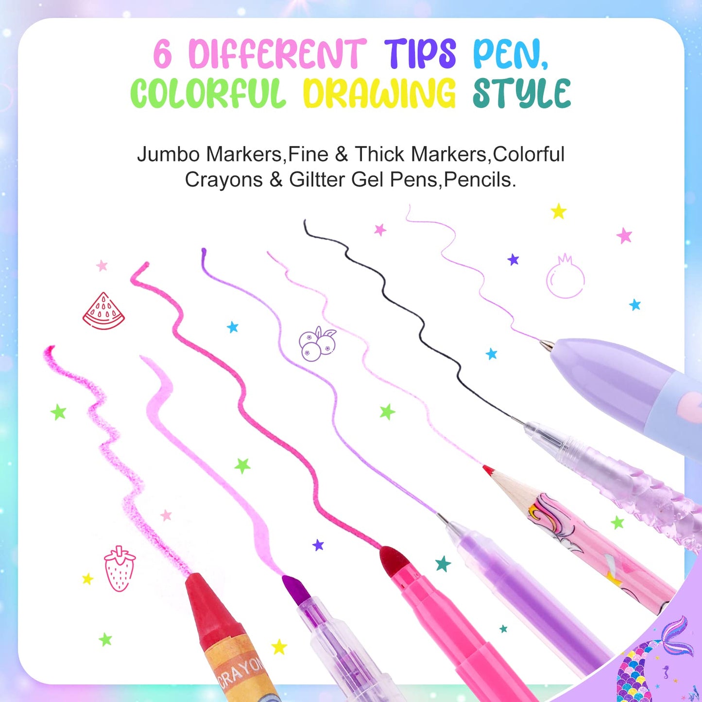 MAIGOZON Mermaid Art Craft Kit, 56 Pieces, Purple, Includes Markers, Crayons, Gel Pens, Stencils, and Ruler, Model MS-01