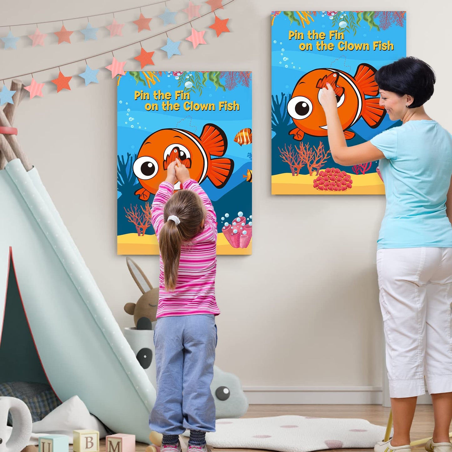 NEBURORA Party Game - 2 Pack Pin The Fin on The Clownfish Posters, Large 21"x28", Ocean-Themed Colors, Includes 48 Stickers for Kids