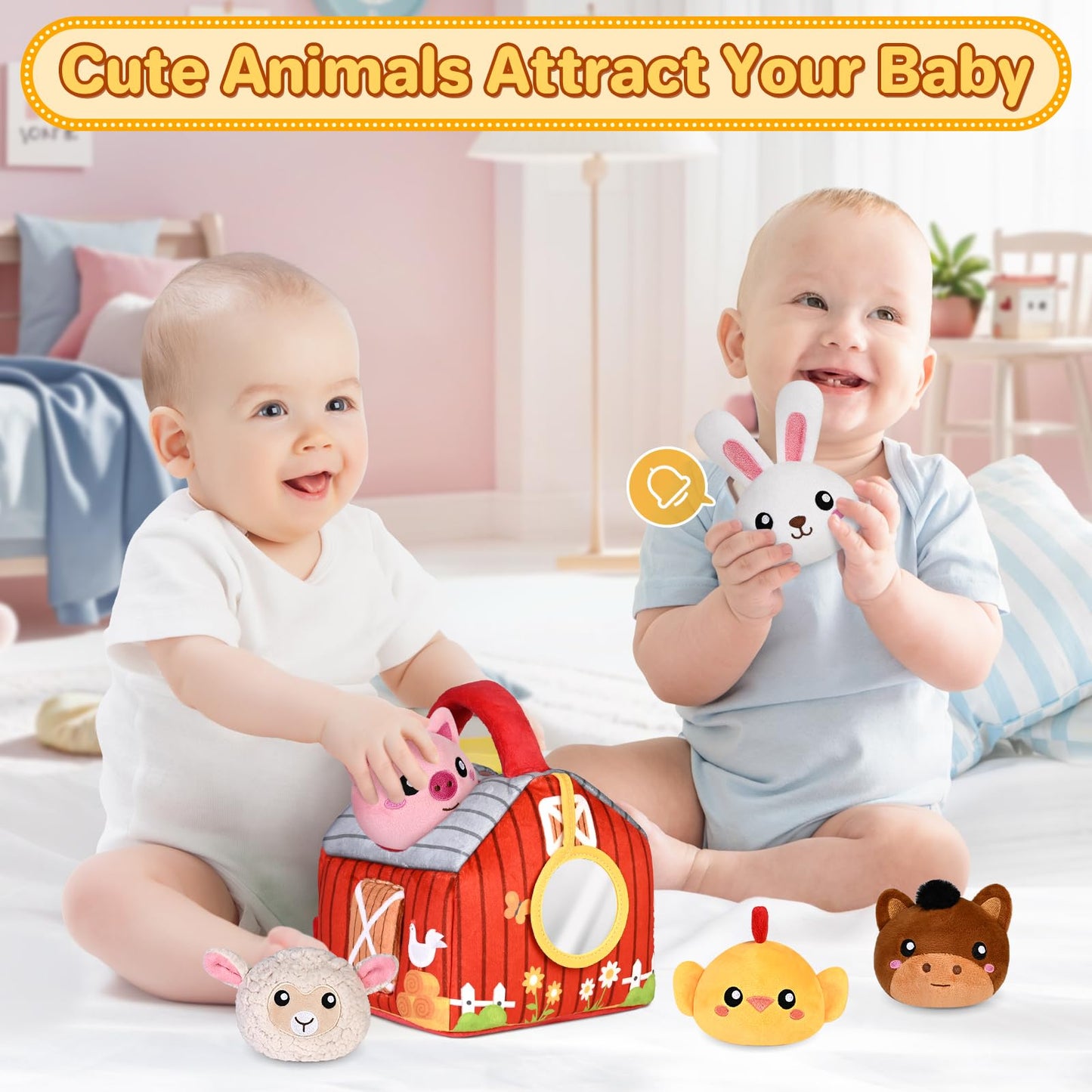 Kmuysl Baby Toys 0-6 6-12 Months, Plush Big Red Barn With Farm Animals, Soft Sensory Toys With Crinkle, Rattles For 0-3-6-9-12 Month Newborn Infant, Christmas Easter Birthday Gifts For Baby Boys Girls