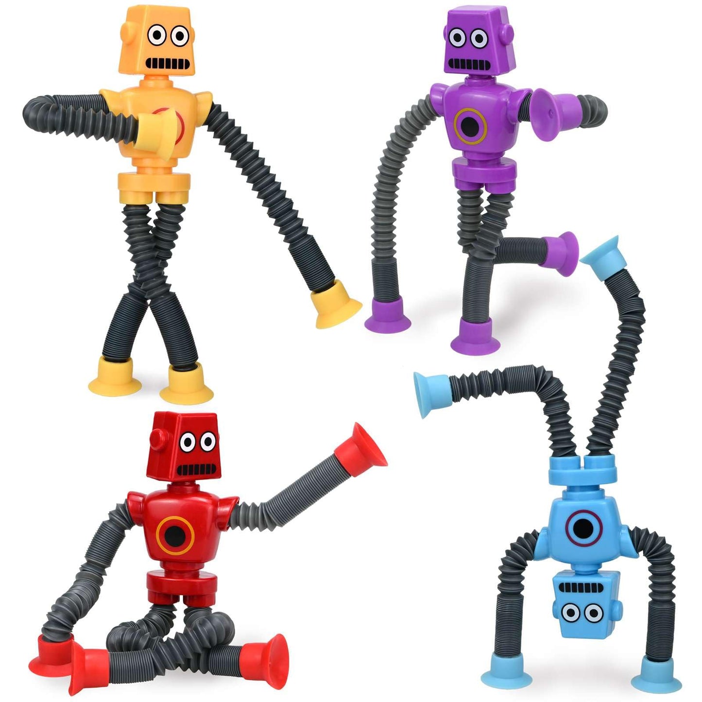 Pop Tubes Robot Fidget Toys (4 Pack), Telescopic Suction Cup Robotics Toy, Toddler Fine Motor Skills And Creative Learning, Auti