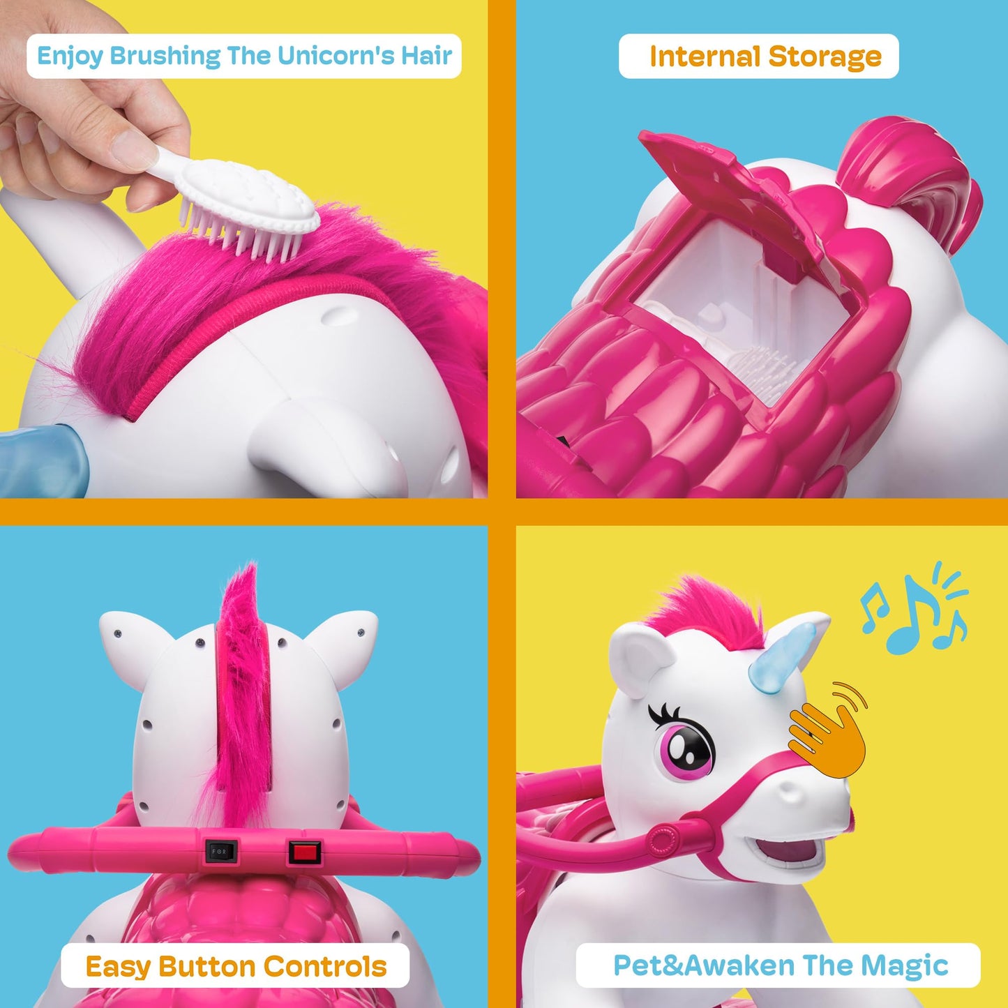 Kidzone 12V Unicorn Ride On Horse Toy For Toddlers 1.5-3 Years Old, Interactive Kids Electric Riding Gift W/Carrot Toy, Comb And