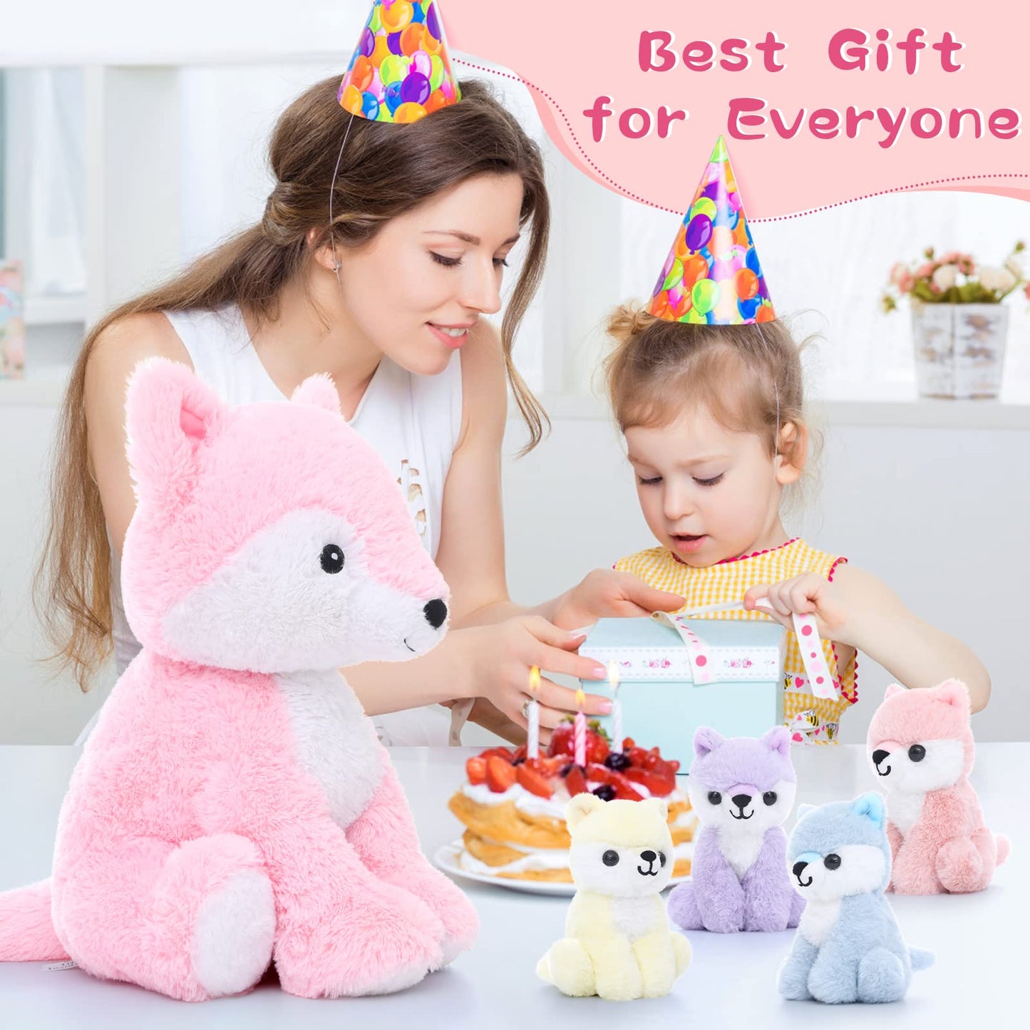 Muiteiur 5 Piece Fox Stuffed Animal Set, Large Pink Cotton Plush Toy with Mommy and 4 Babies, Model W264_12_48